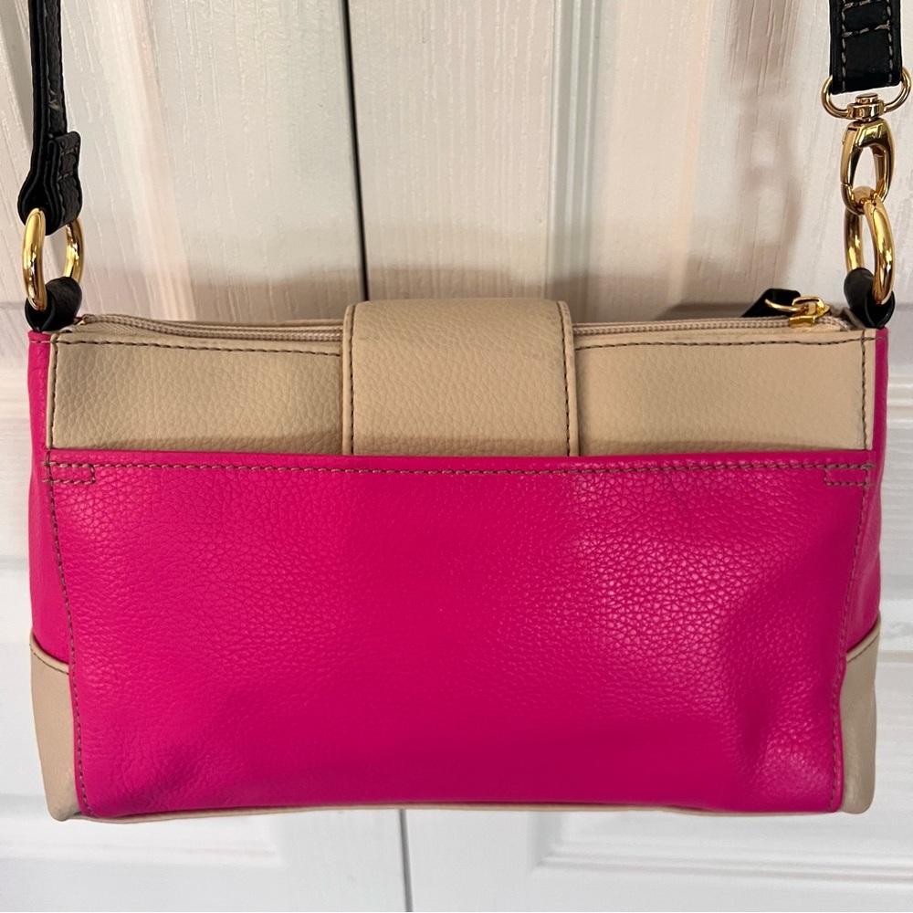 Tignanello Hot Pink Beige Black Leather Crossbody Clutch Handbag - Picture 4 of 17